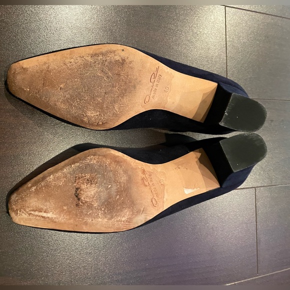 Oscar de la Renta Navy Runway Riley Square Toe Suede Patent Block Pumps - Picture 7 of 9